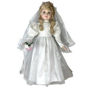 Vintage Porcelain Bride Doll Victorian Wedding Gown Blond Hair Bridal Doll 23 in